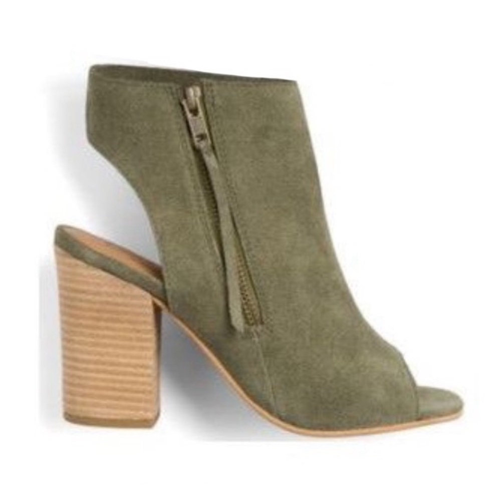 NEW Diba Zora Suede Open Toe Cutout Block Heel Ankle Shootie Boots Green 8.5